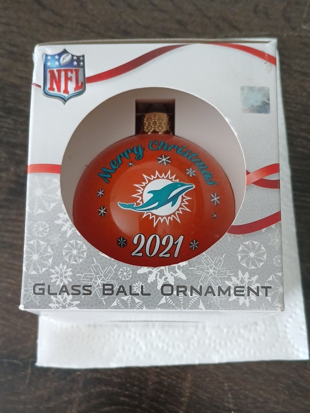 NFL Miami Dolphins Orange Glass Holiday Ornament with Teal Logo